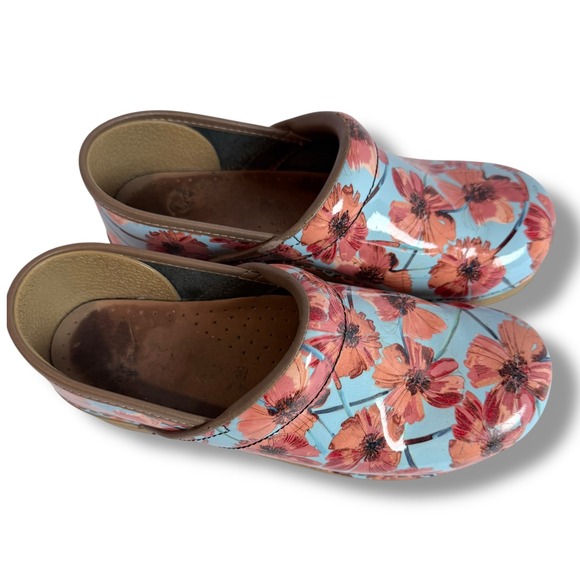 Dansko Floral Leather Clogs Women's Size 8 39 Blue Orange Flowers Shoes - Picture 14 of 14